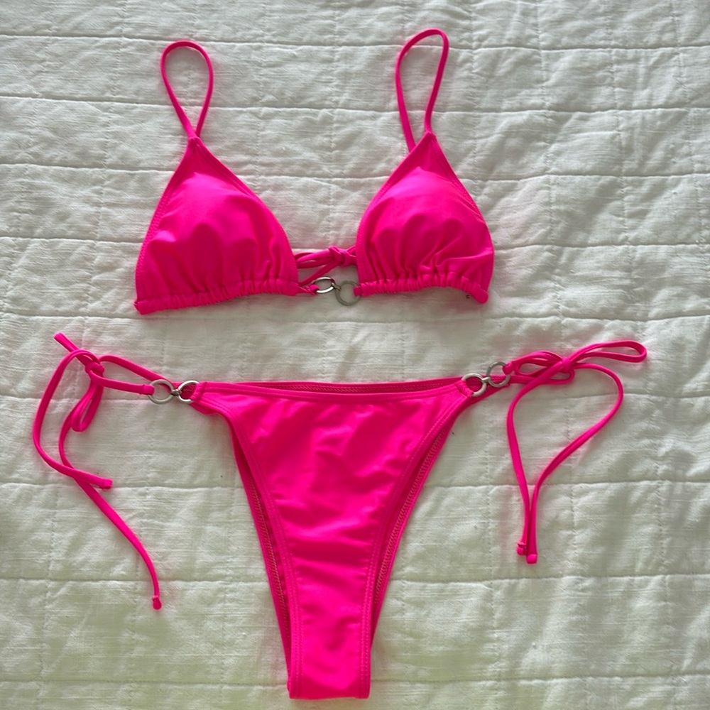 Brand New! Hot Pink Strappy Bikini with Metal Details